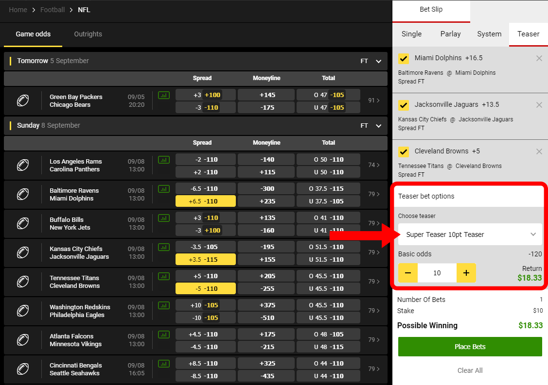 Choose the Teaser option on the Bet Slip
