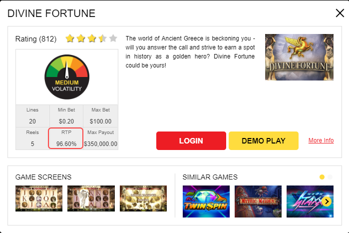 The game description page lists the RTP, which is mathematically validated through extensive testing by the game provider. In this example, Divine Fortune shows an RTP of 96.60%.