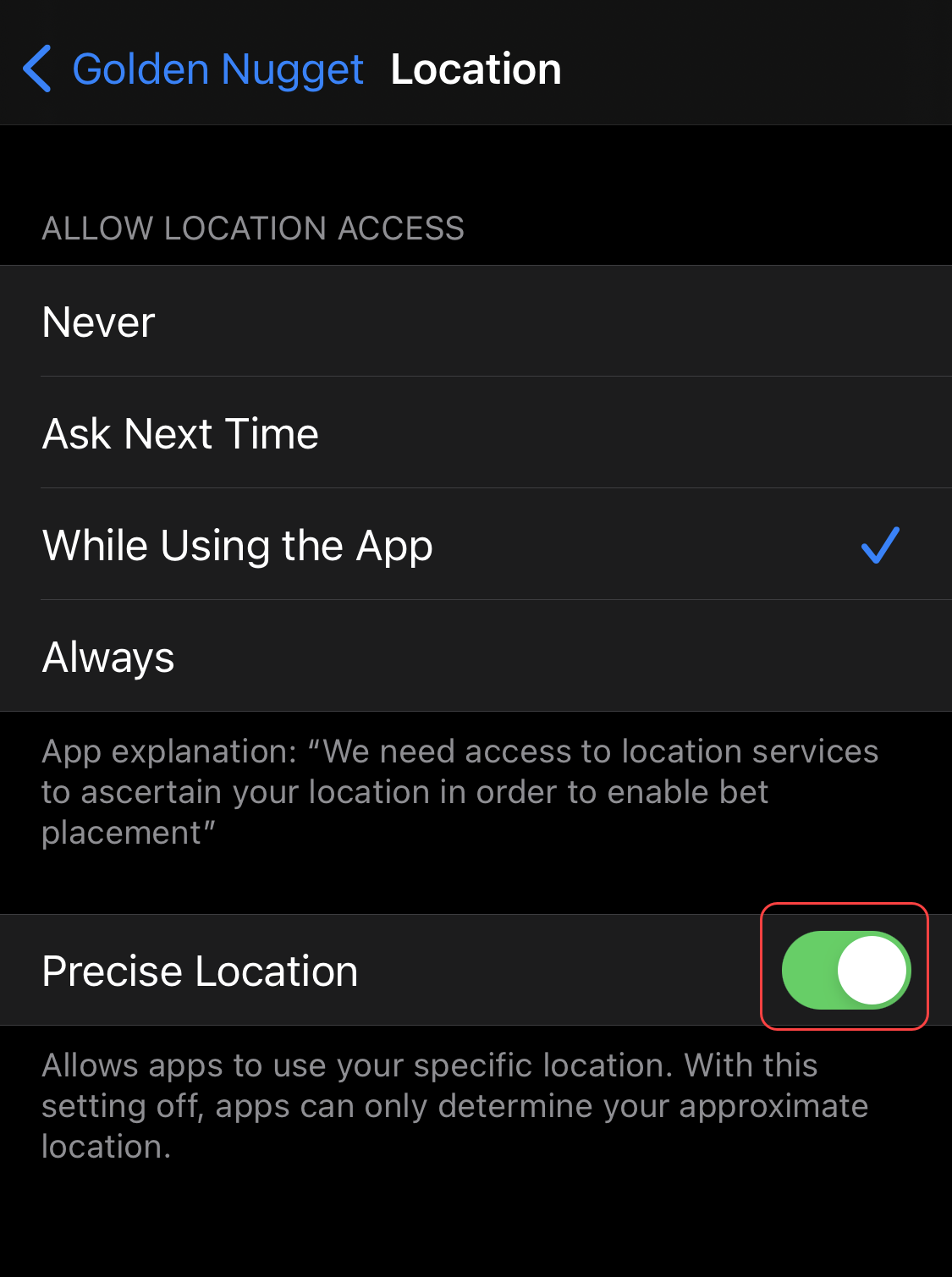 Precise Location Toggle