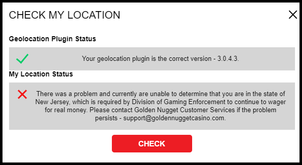 If you receive a failed Location Status in your geo-location, ensure you have a stable Wi-Fi connection, are not connected via cellular data, and are within the state borders of New Jersey.