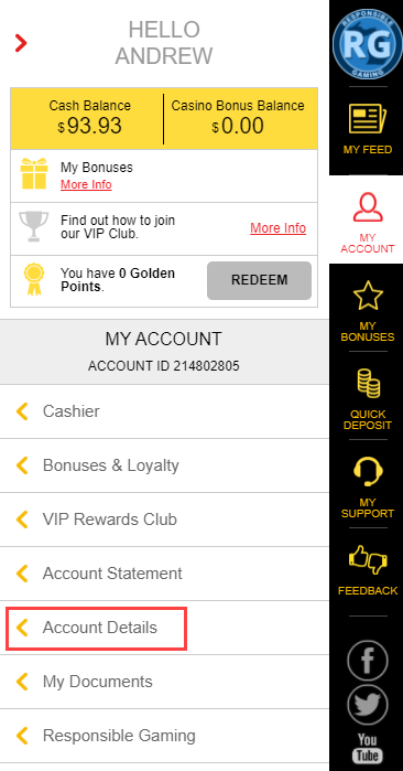 Account Details menu