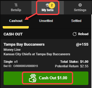 Access My Bets at the top of the Bet Slip and view the Cash Out tab to see the current Cash Out offer for your bet. To proceed, select the Cash Out button.