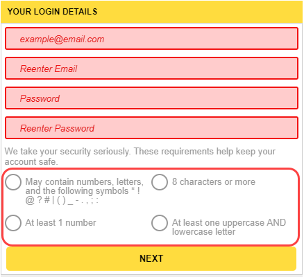 The registration screen requires a unique email address, as well as a password which meets the guidelines outlined on screen