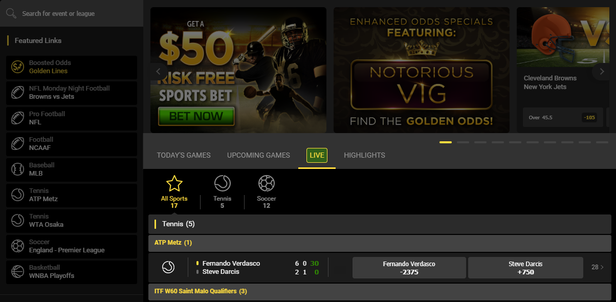 See which live games are available for placing bets from the LIVE tab.